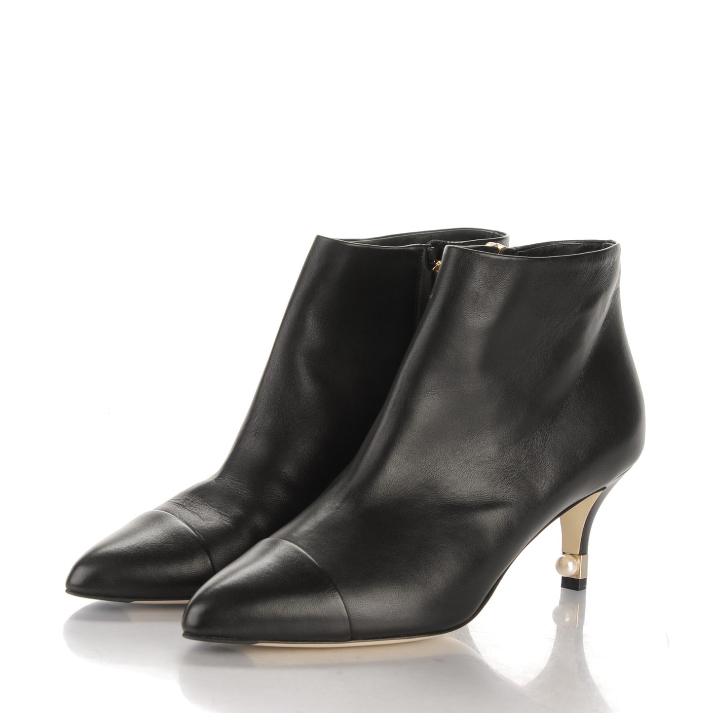 Calfskin Cap Toe Pearl Ankle Boots 38.5 Black
