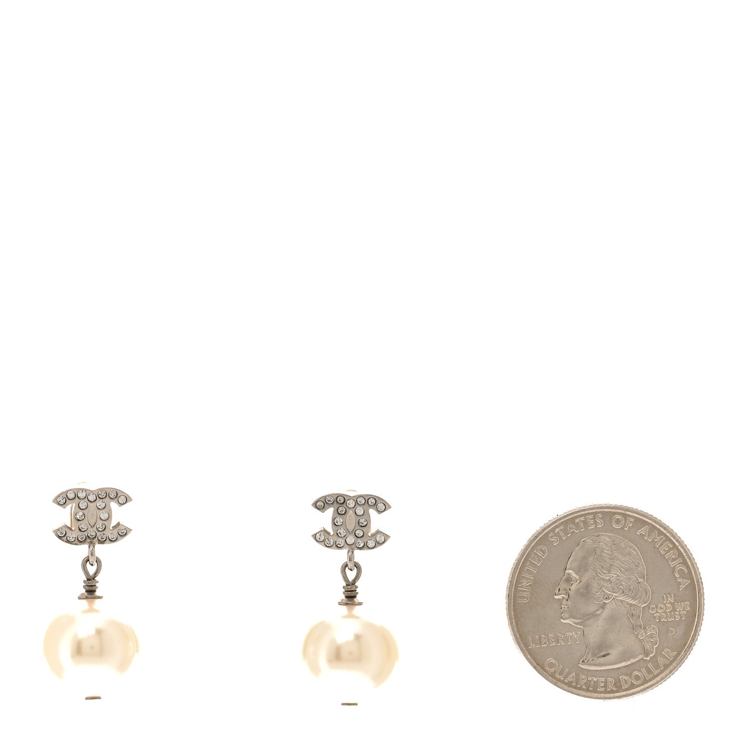 Chanel Crystal Pearl CC Drop Earrings Silver Pearly White 2 of 5