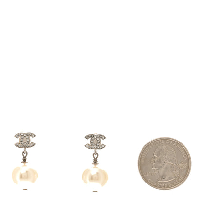 Chanel Crystal Pearl CC Drop Earrings Silver Pearly White 2 of 5