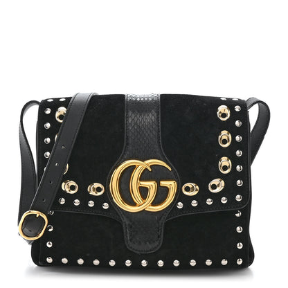 Gucci Suede Snakeskin Studded Medium Arli Flap Shoulder Bag Black 1 of 11
