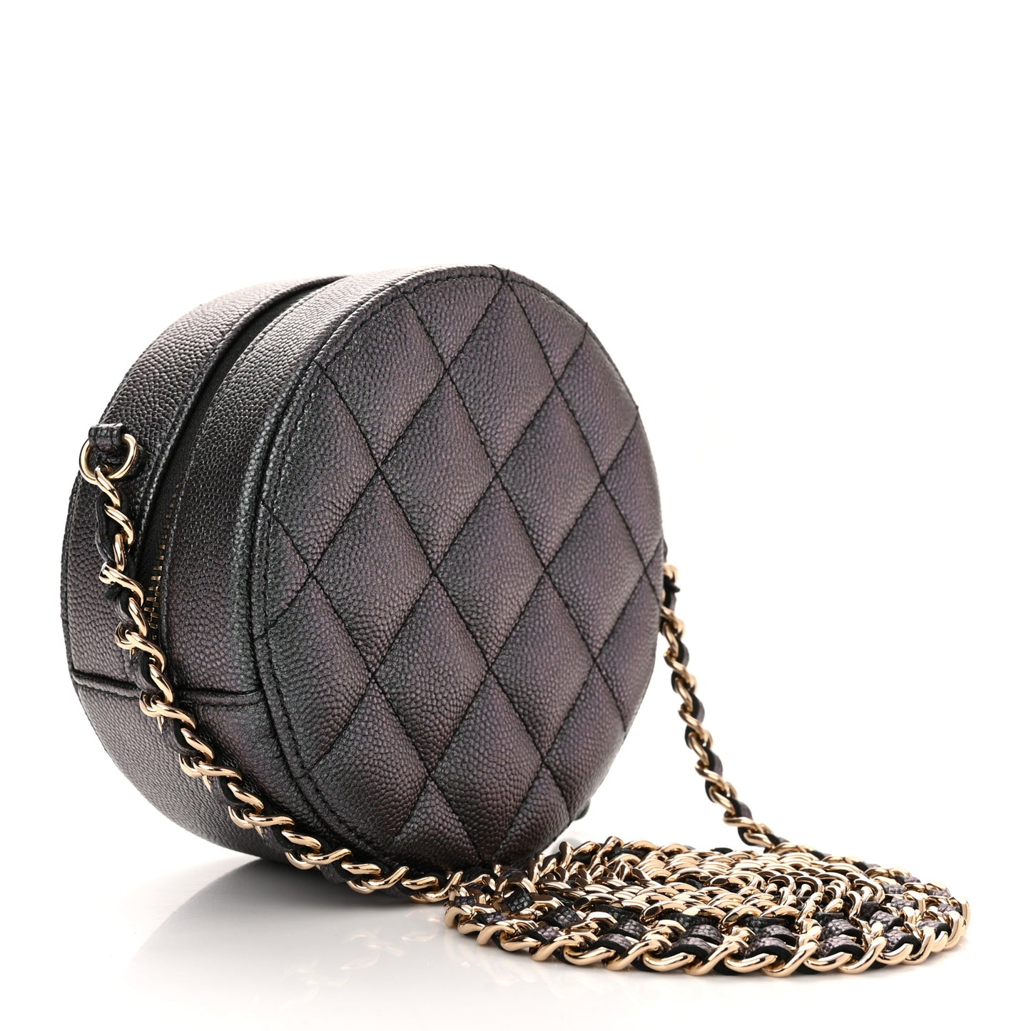 Iridescent Caviar Quilted Round Clutch With Chain Black