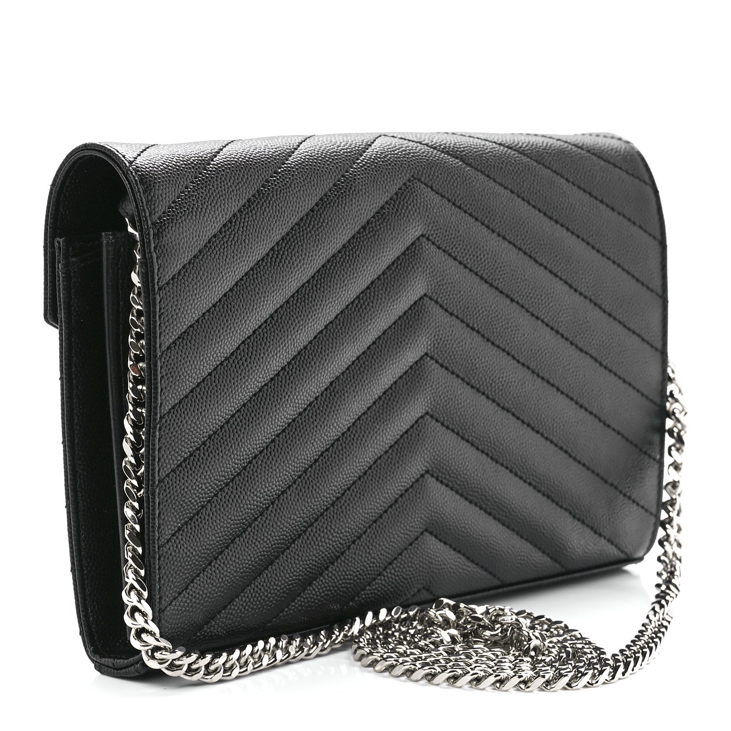 Saint Laurent Grain De Poudre Matelasse Chevron Monogram Chain Wallet Black 2 of 9