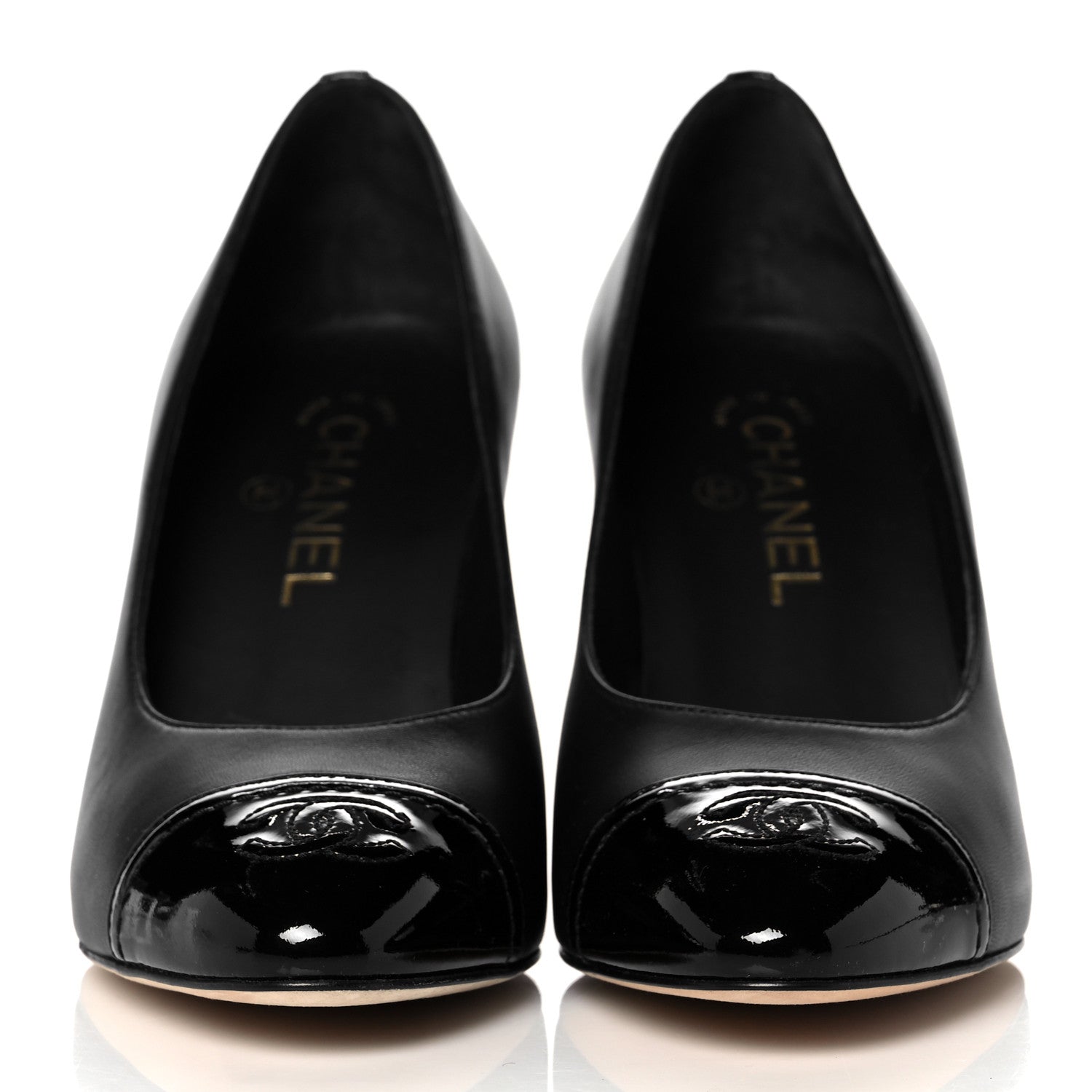 Chanel Lambskin Patent Calfskin Cap Toe CC Pumps 38.5 Black 2 of 9