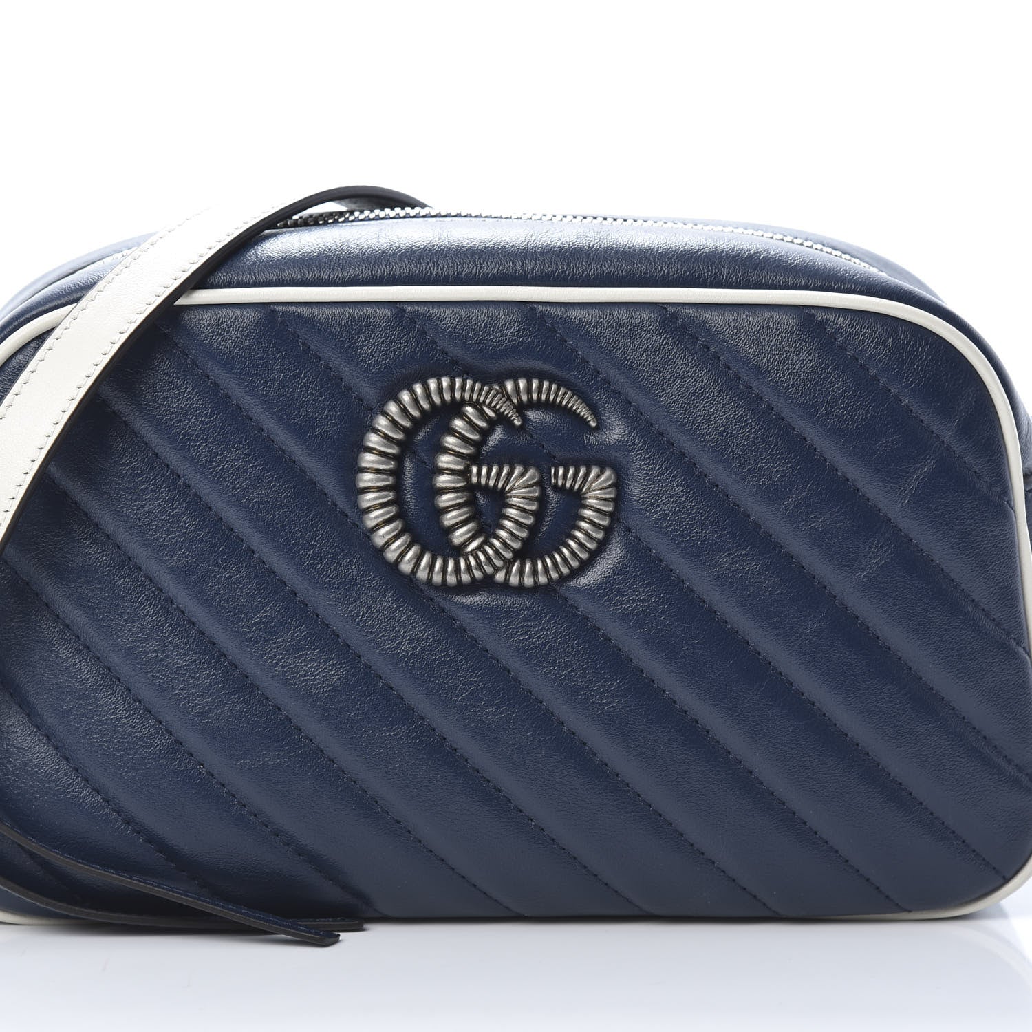 Gucci Vintage Effect Calfskin Matelasse Diagonal Small Torchon GG Marmont Chain Shoulder Bag Blue Agata Mystic White 8 of 10
