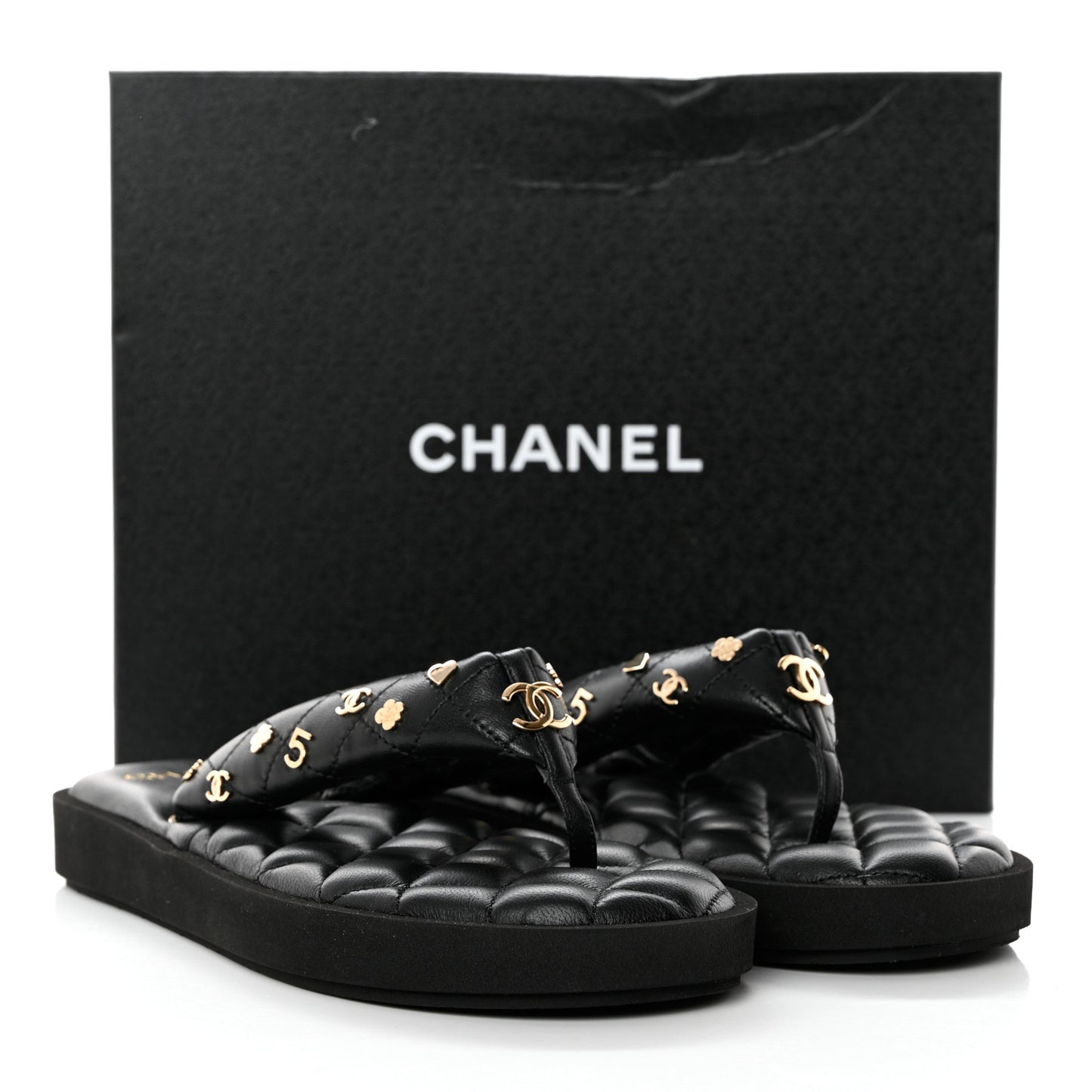Lambskin Quilted Padded Charms Thong Sandals 39.5 Black