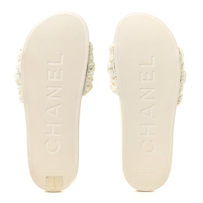 Chanel Lambskin Pearl Beaded Woven Slides 39 Beige 6 of 12