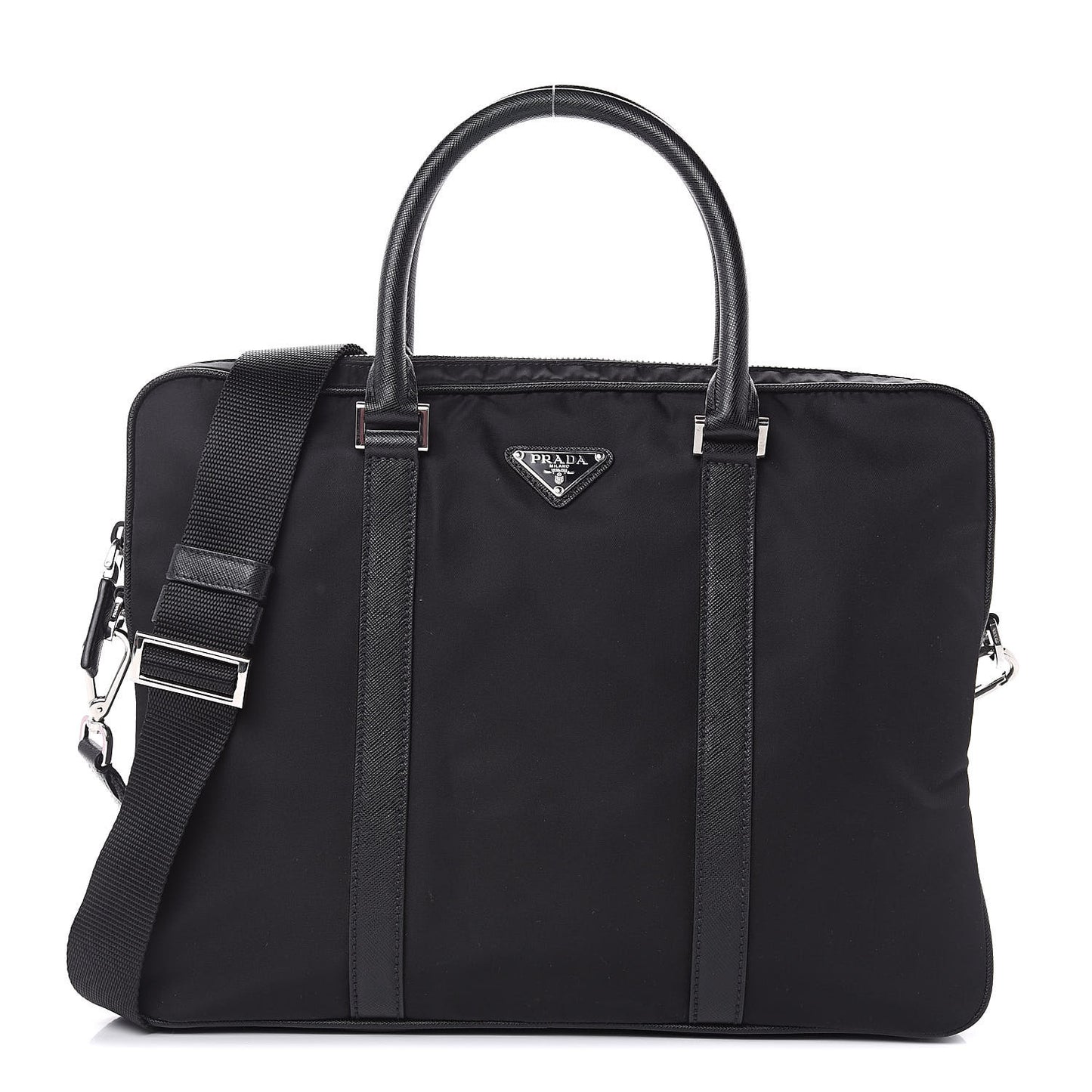 Tessuto Nylon Saffiano Metal Triangle Logo Work Bag Black