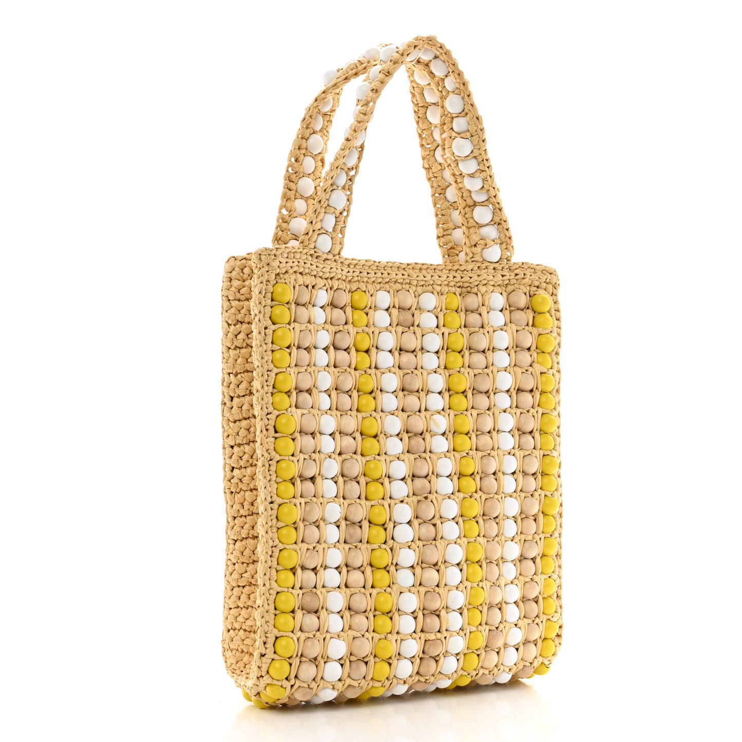 Raffia Wood Bead Embroidered Logo Tote Bag Naturale