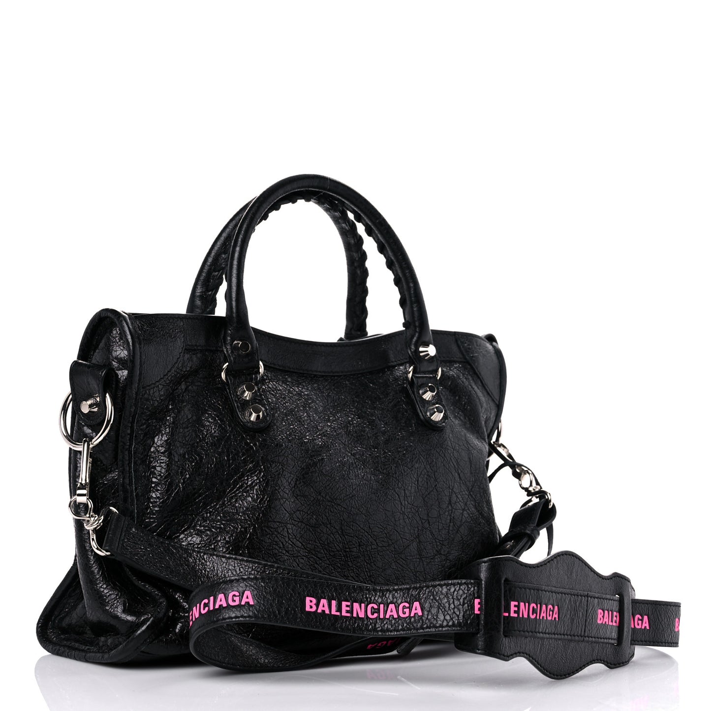 Agneau Classic Silver Hardware S City Logo Strap Black Pink