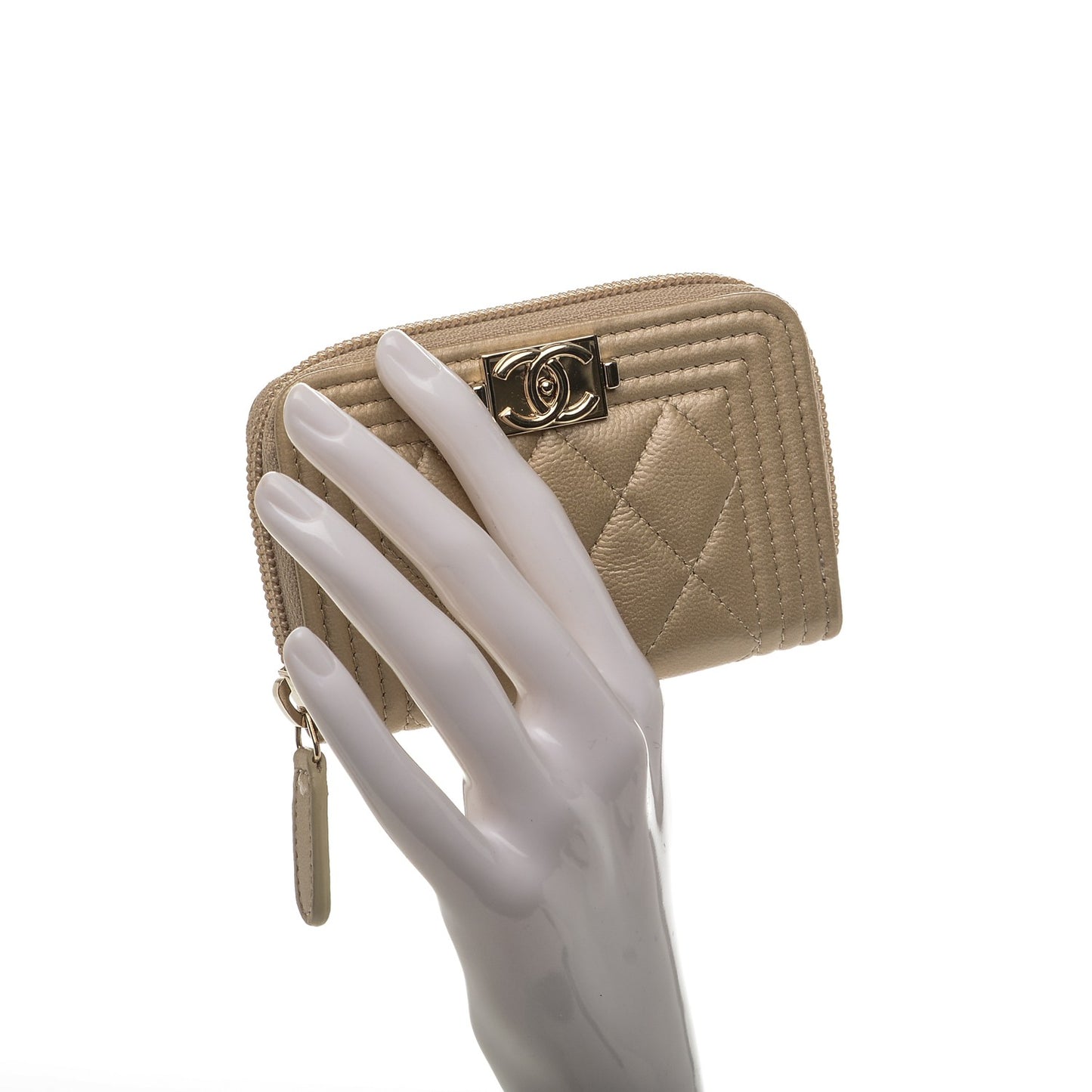 Metallic Caviar Quilted Boy Zip Around Coin Purse Wallet Light Gold
