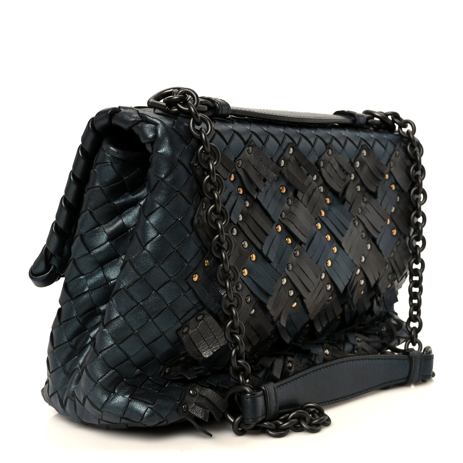 Bottega Veneta Metallic Nappa Intrecciato Fringe Studded Olimpia Bag Blue Black Blue Black 3 of 11