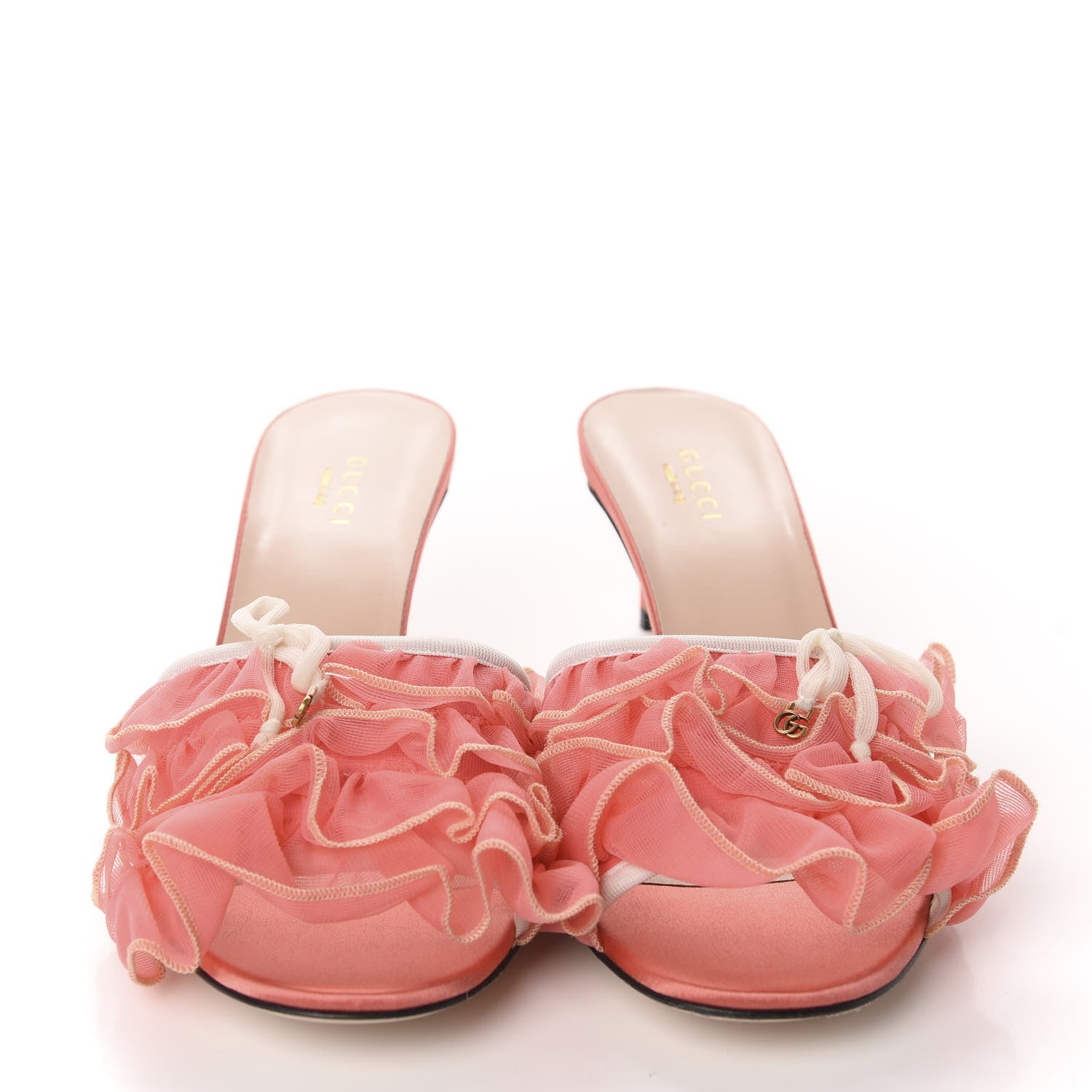 Gucci Tulle Ruffle Low Heel Slide Sandals 38.5 Peach Mystic White 2 of 10