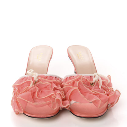 Gucci Tulle Ruffle Low Heel Slide Sandals 38.5 Peach Mystic White 2 of 10