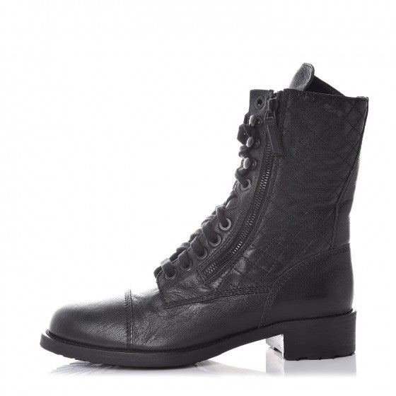 Chanel Sheepskin Quilted CC Tall Lace Up Combat Boots 40.5 Black 1 of 6