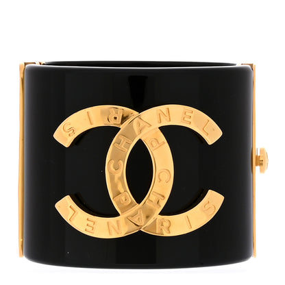 Chanel Resin CC Paris Button Cuff Bracelet Black Gold 1 of 5