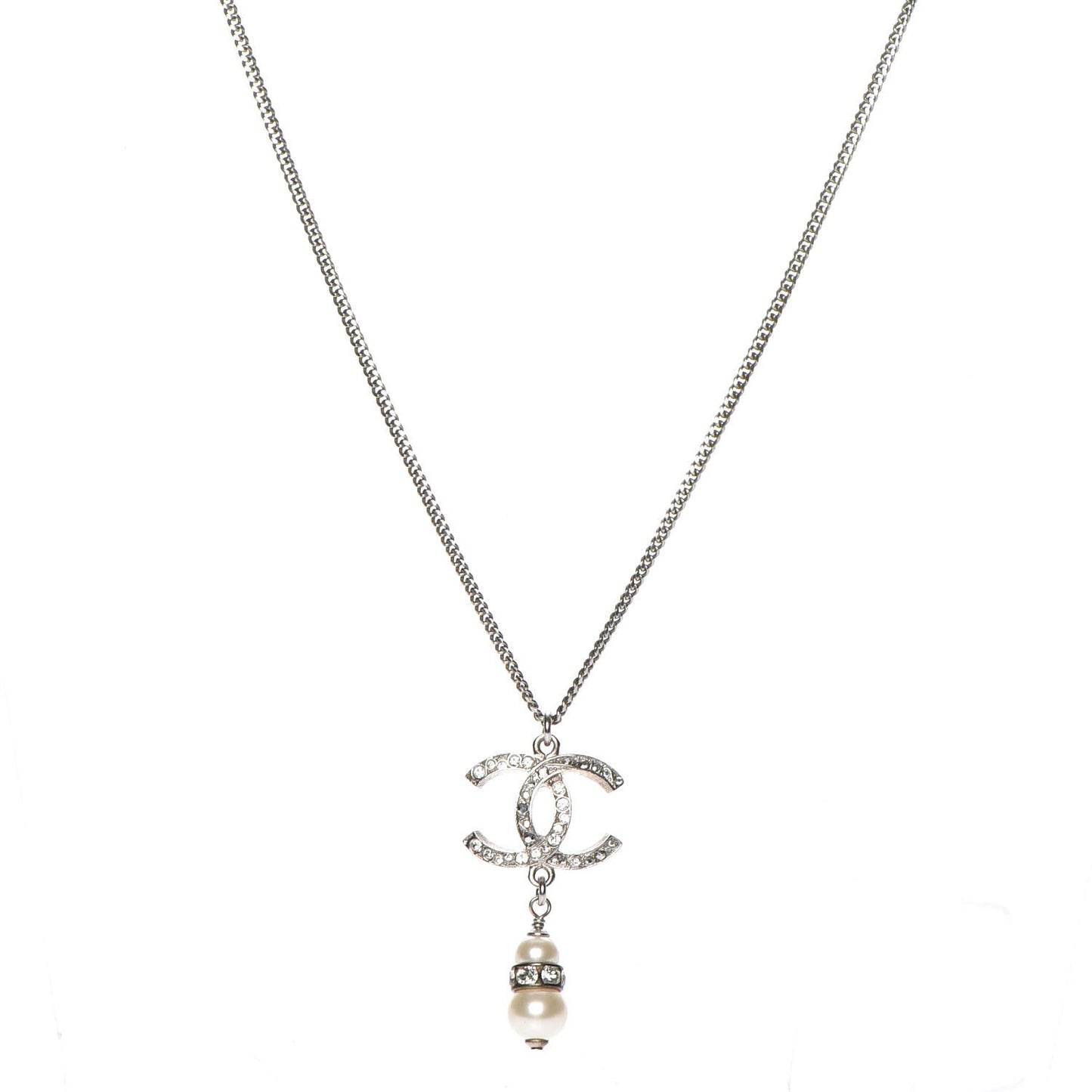 Pearl Crystal CC Necklace Silver