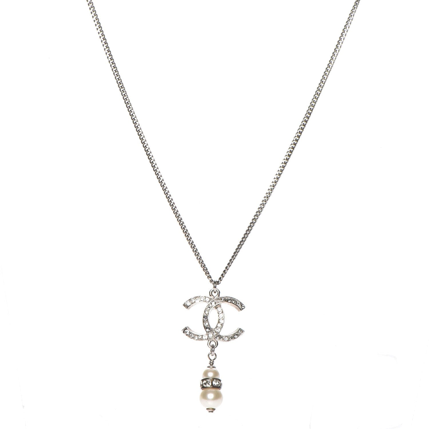 Chanel Pearl Crystal CC Necklace Silver 1 of 9