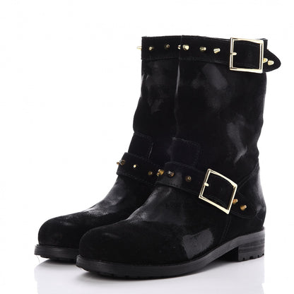Jimmy Choo Distressed Waxed Leather Studded Biker Moto Boot 38 Black 3 of 9