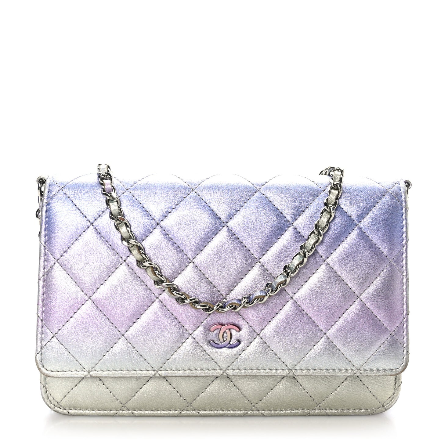 Gradient Metallic Calfskin Quilted Wallet On Chain WOC Silver Blue Yellow Purple