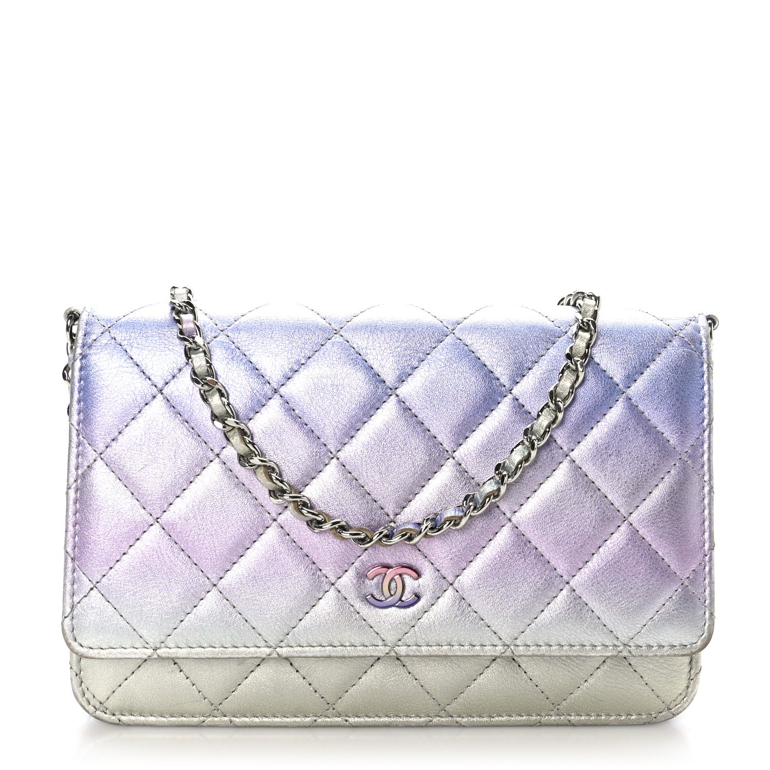 Chanel Gradient Metallic Calfskin Quilted Wallet On Chain WOC Silver Blue Yellow Purple 1 of 10