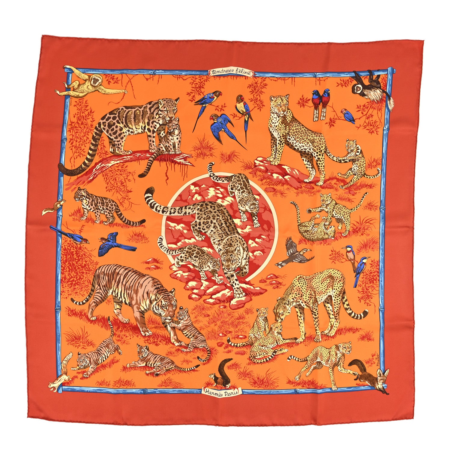 Hermes Silk Tendresse Feline Scarf 90 Brique Orange Bleu 1 of 12