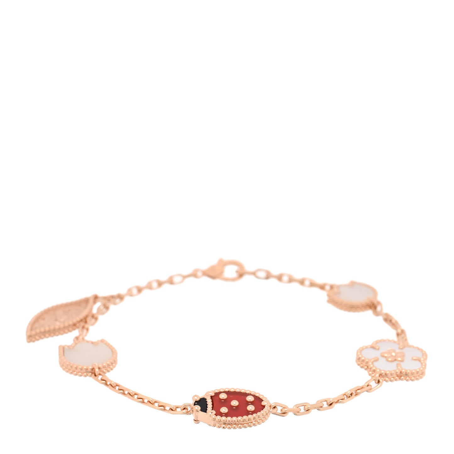 18K Rose Gold Carnelian Mother of Pearl Onyx 5 Motifs Lucky Spring Bracelet
