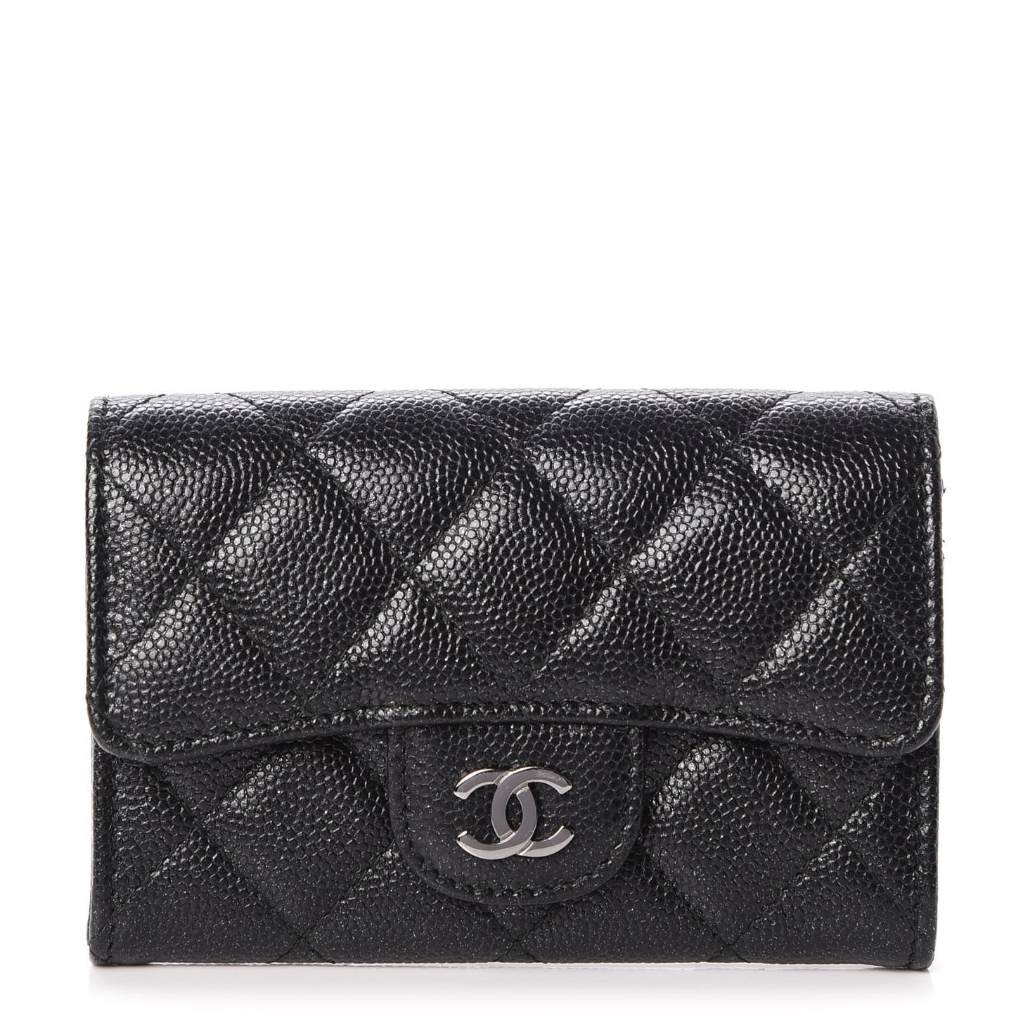 Iridescent Caviar Flap Quilted Card Holder Black