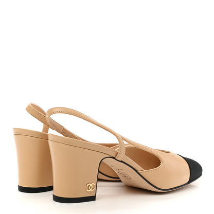 Chanel Goatskin Grosgrain Cap Toe CC Slingback Pumps 35 Beige Black 4 of 9