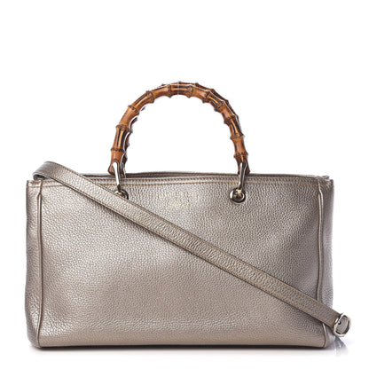 Gucci Metallic Pebbled Calfskin Medium Bamboo Shopper Tote Golden Beige 1 of 10