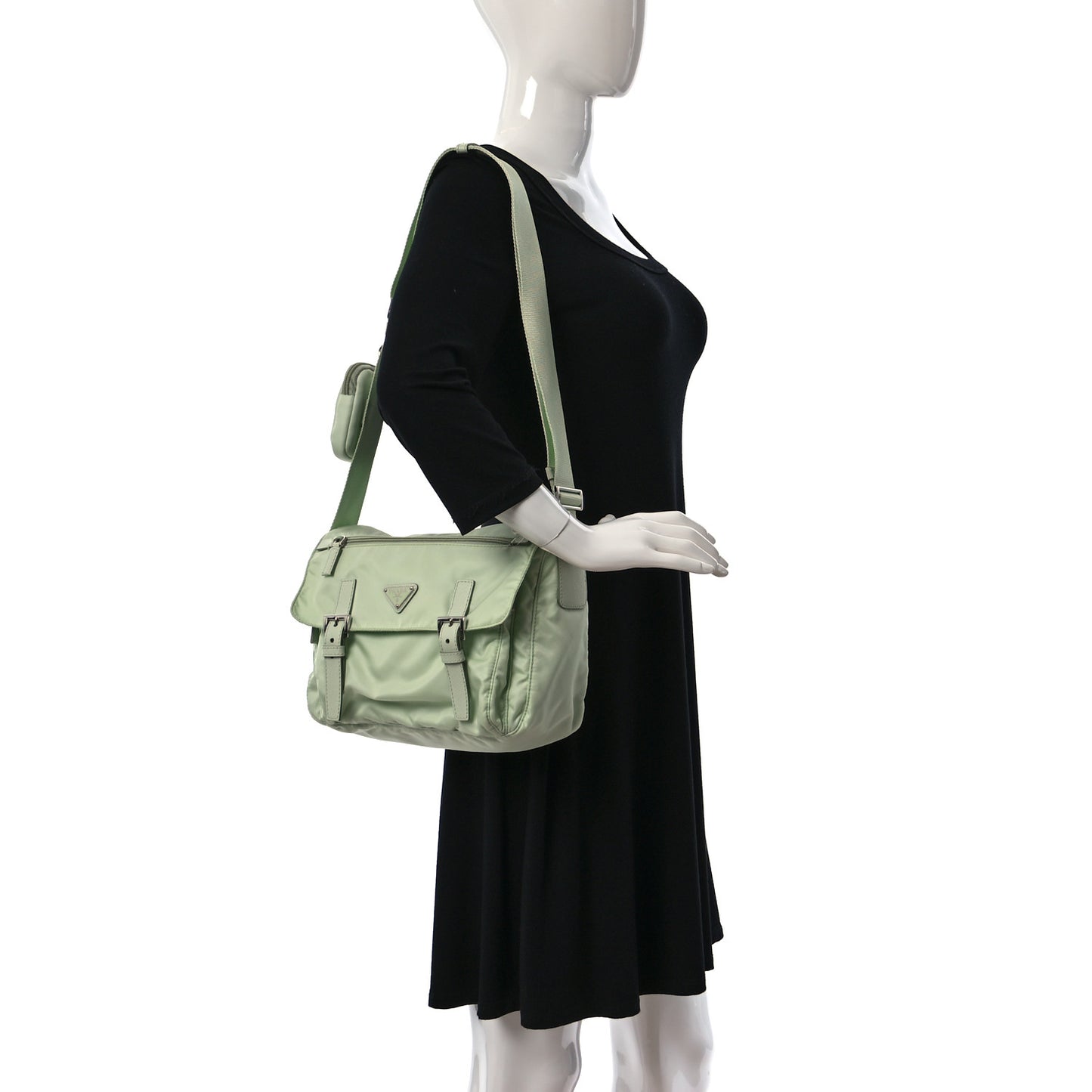 Re-Nylon Vela Saffiano Pocket Double Buckle Messenger Shoulder Bag Acqua