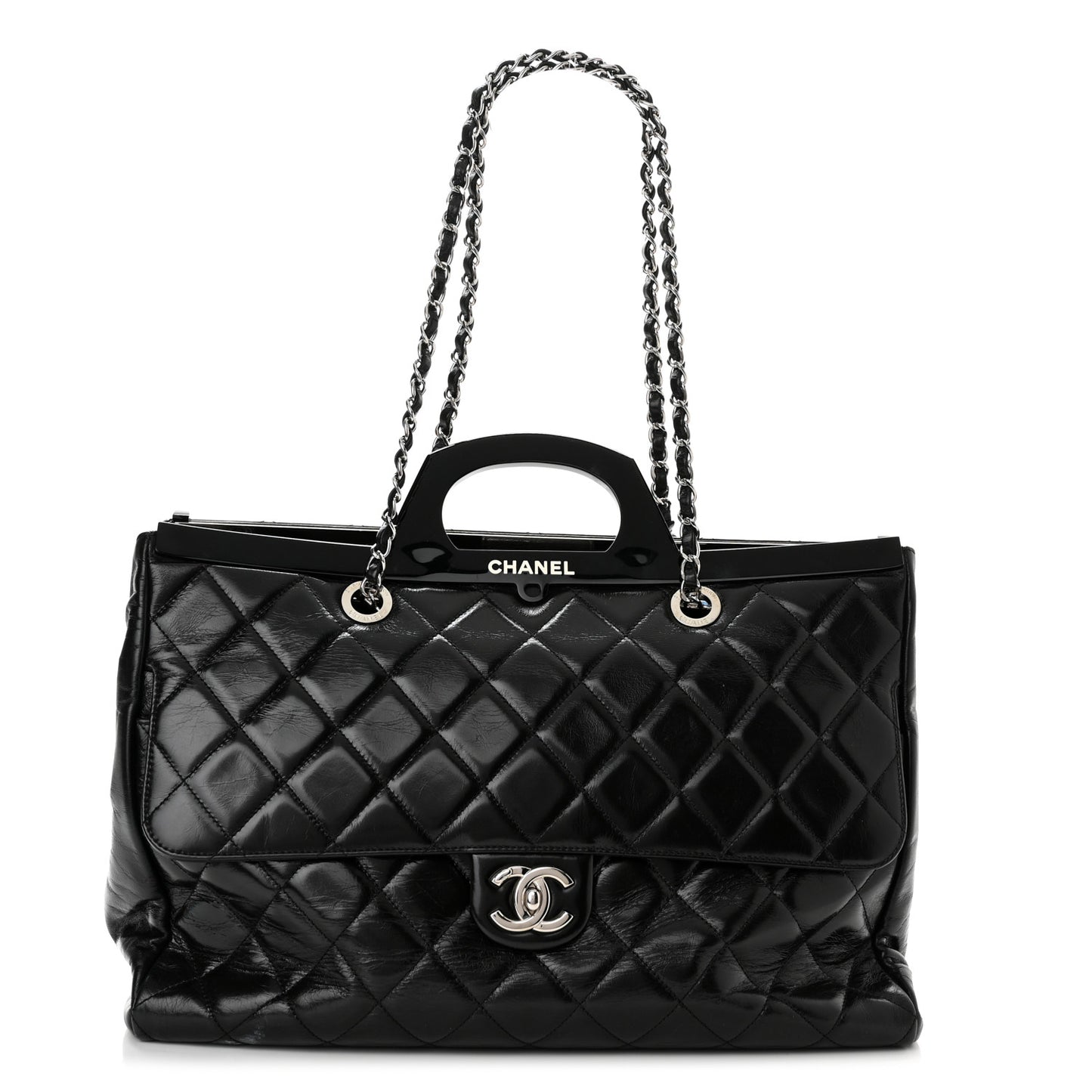 Glazed Calfskin Quilted Large CC Delivery Tote Black
