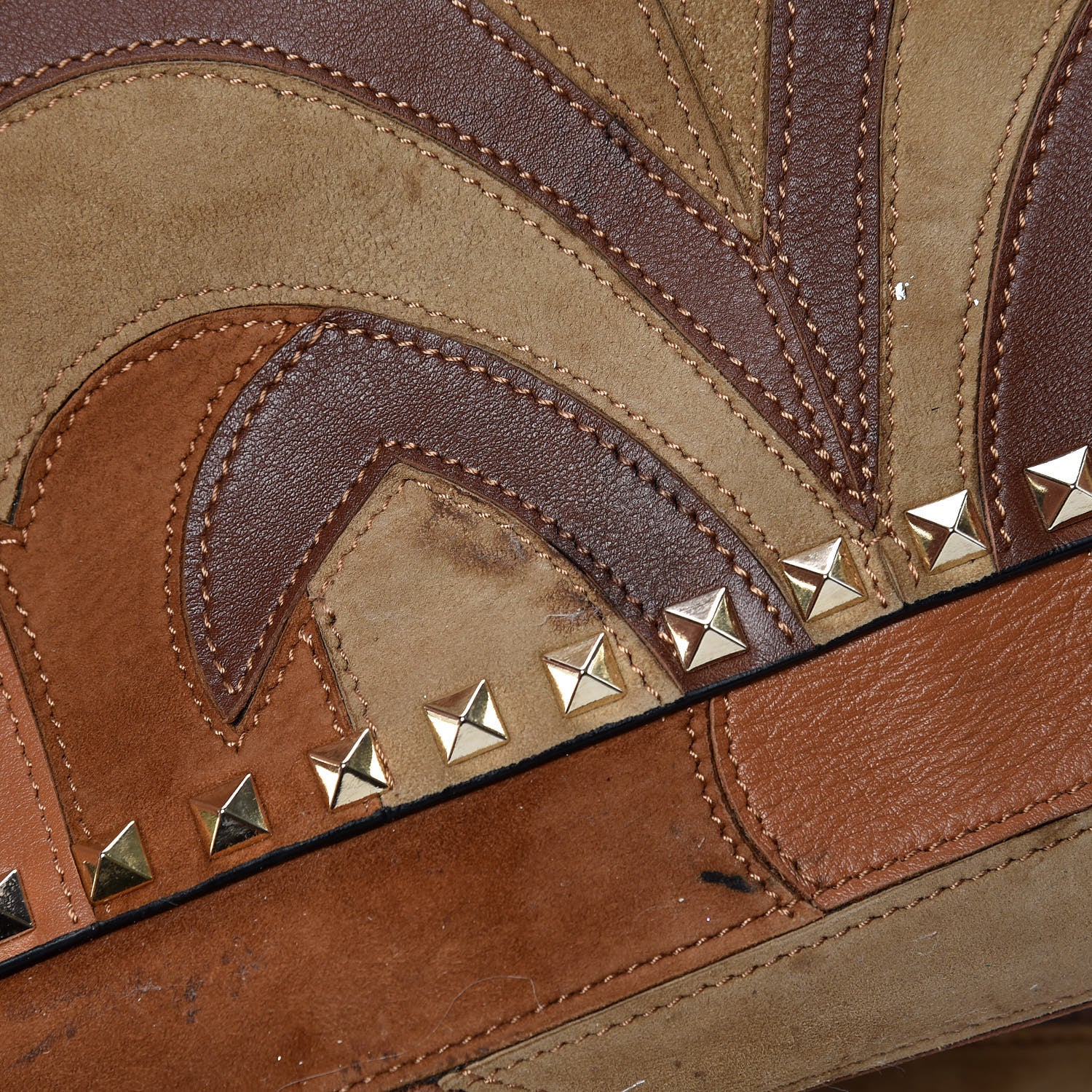 Valentino Garavani Calfskin Canvas Patchwork Medium Rockstud Reversible Tote Brown 16 of 16