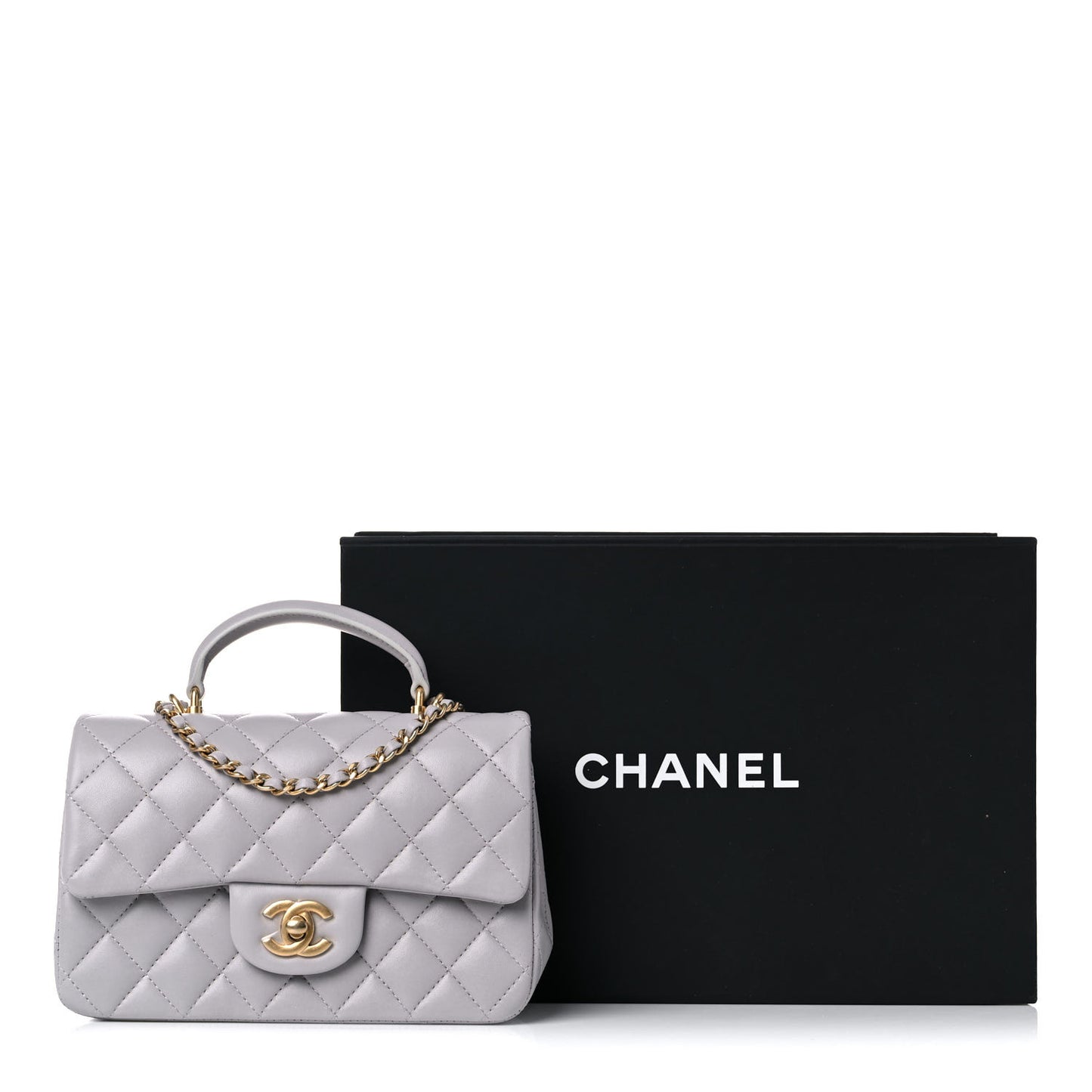 Lambskin Quilted Mini Top Handle Rectangular Flap Grey