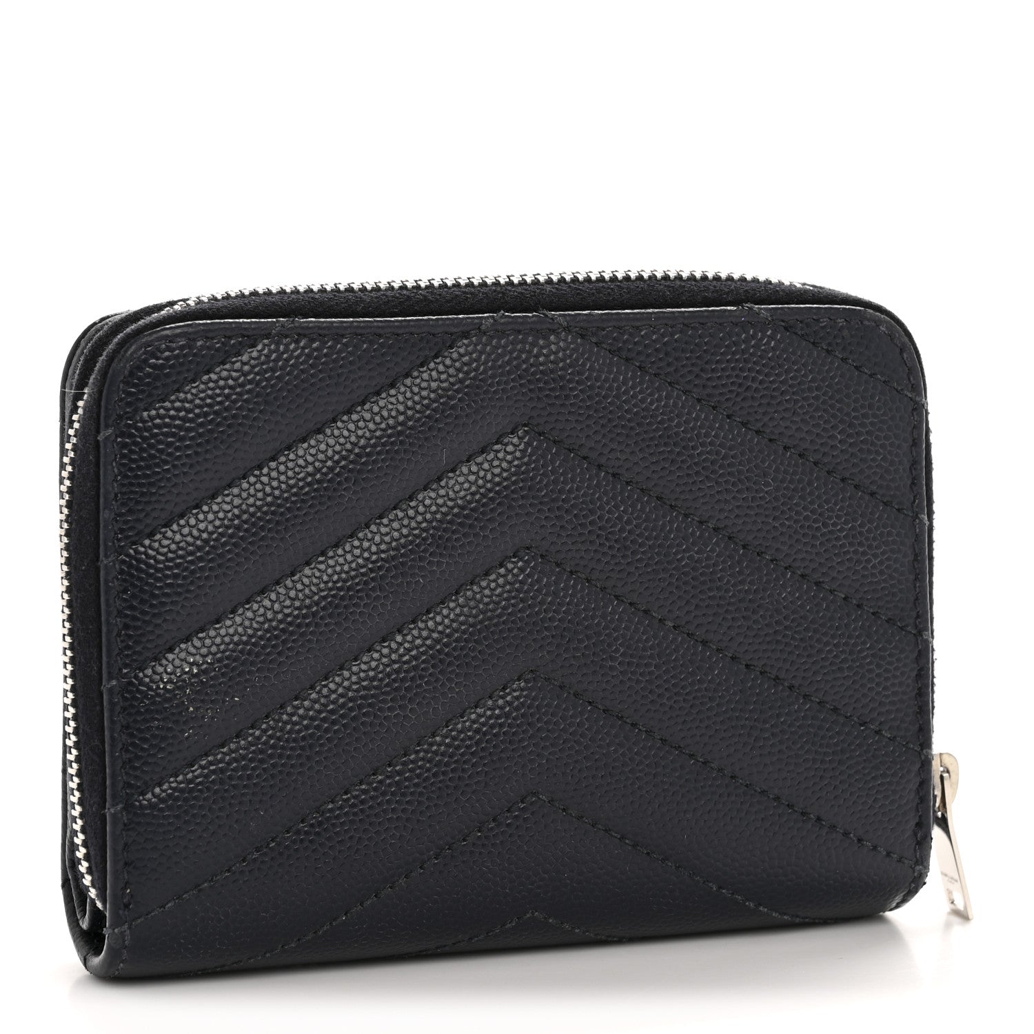 Saint Laurent Grain De Poudre Matelasse Chevron Monogram Compact Zip Around Wallet Deep Marine 3 of 11