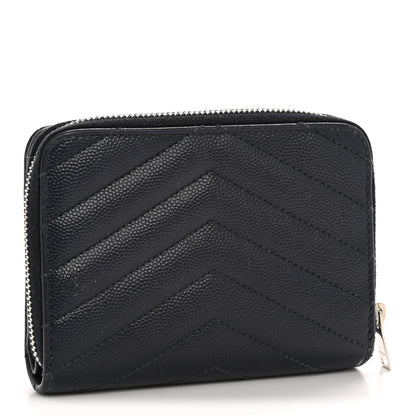 Saint Laurent Grain De Poudre Matelasse Chevron Monogram Compact Zip Around Wallet Deep Marine 3 of 11
