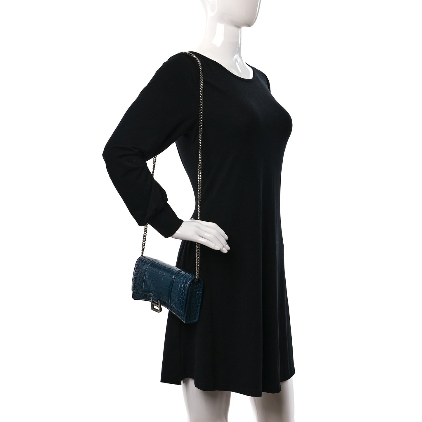 Shiny Calfskin Crocodile Embossed Hourglass Chain Bag Dark Petrol Blue