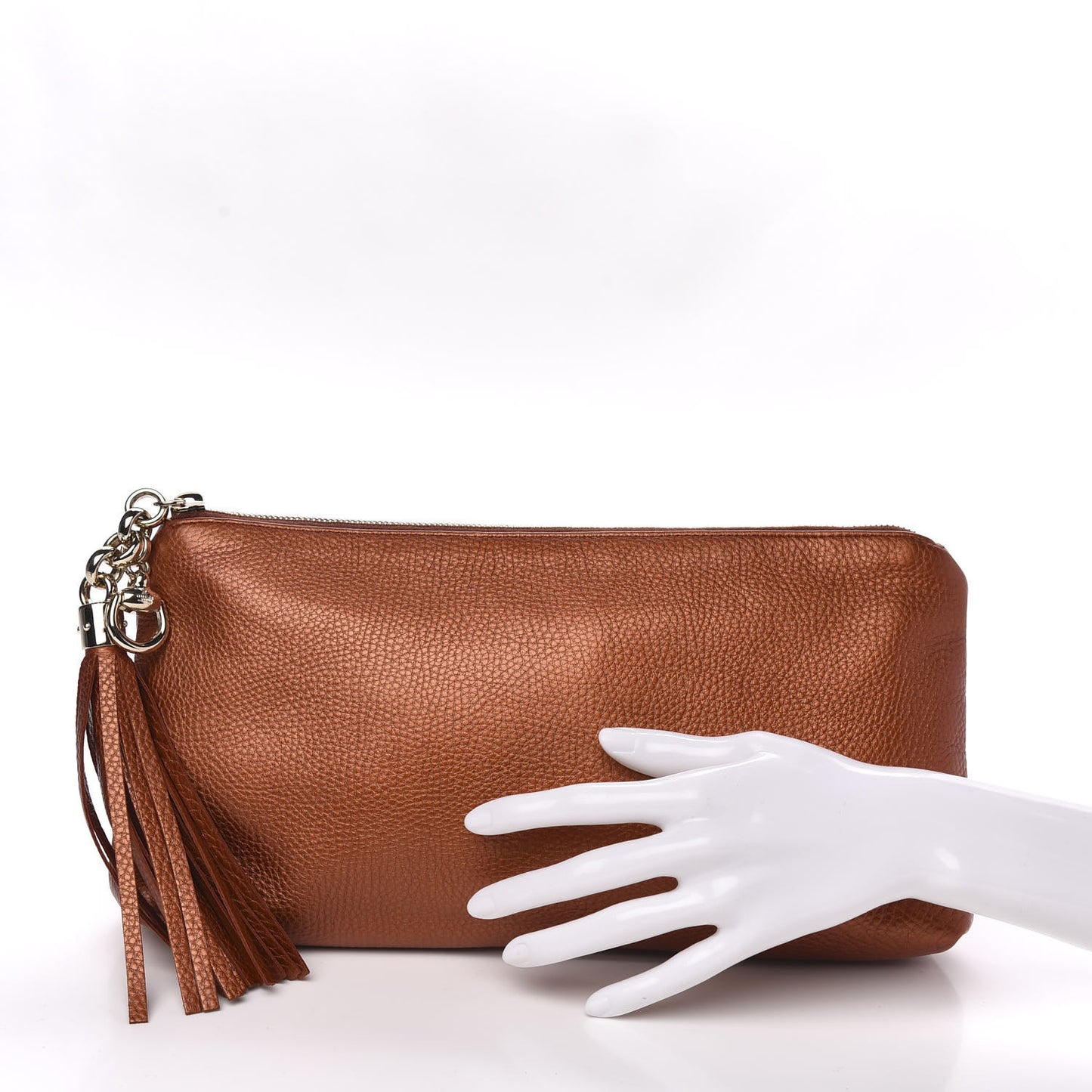 Metallic Pebbled Calfskin Tassel Clutch Burnt Orange