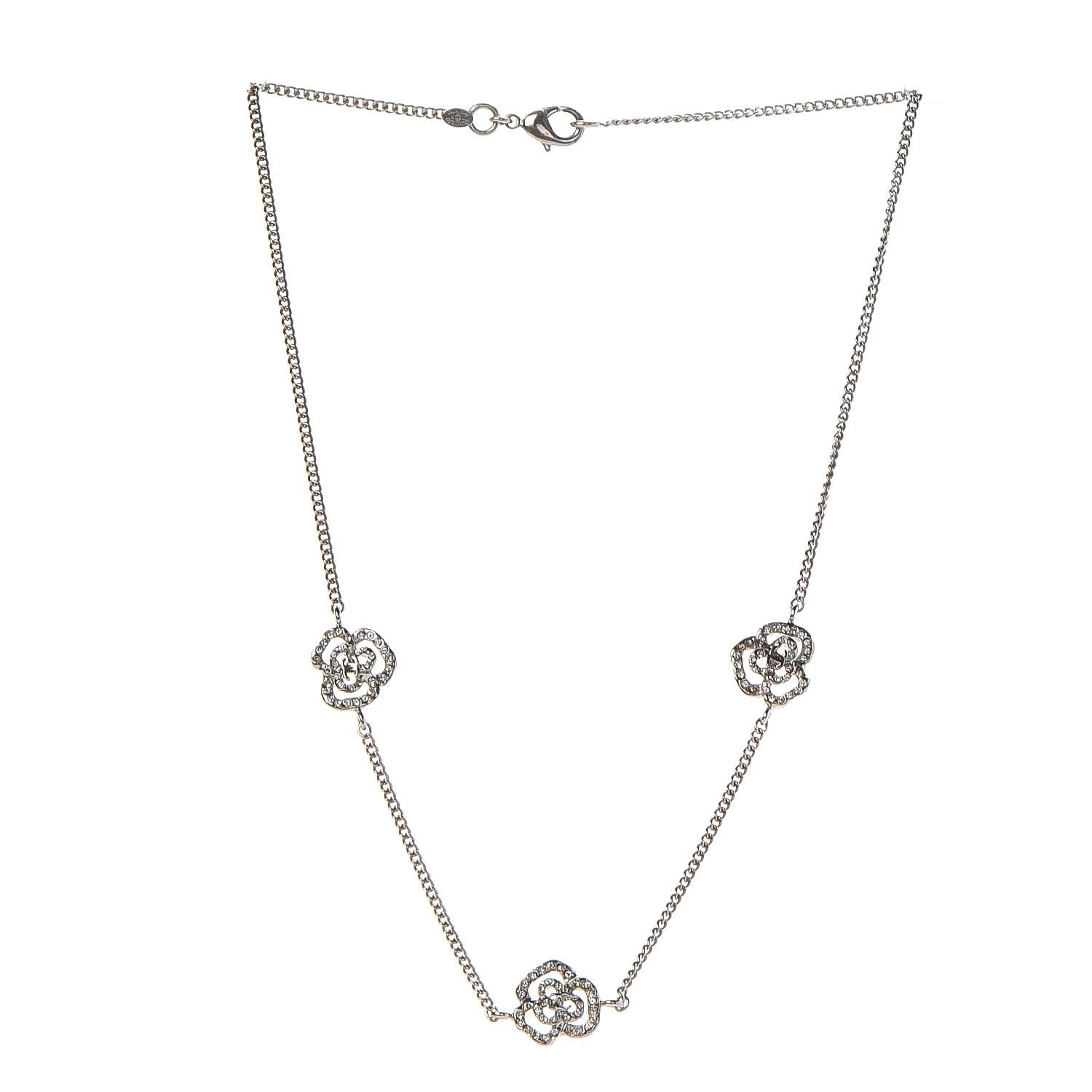 Chanel Swarovski Crystal Station Camellia CC Necklace Silver 3 of 6