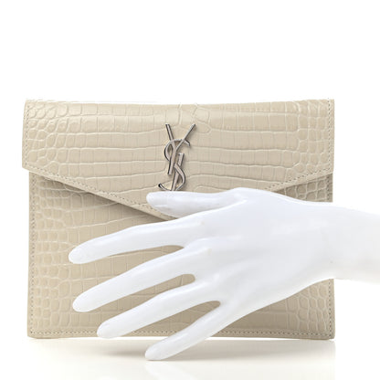 Saint Laurent Calfskin Crocodile Embossed Monogram Uptown Baby Pouch Perle 2 of 7