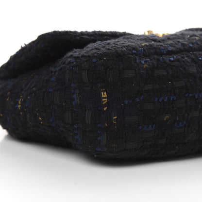 Chanel Tweed Quilted Large 19 Flap Black Navy Gold 9 of 11
