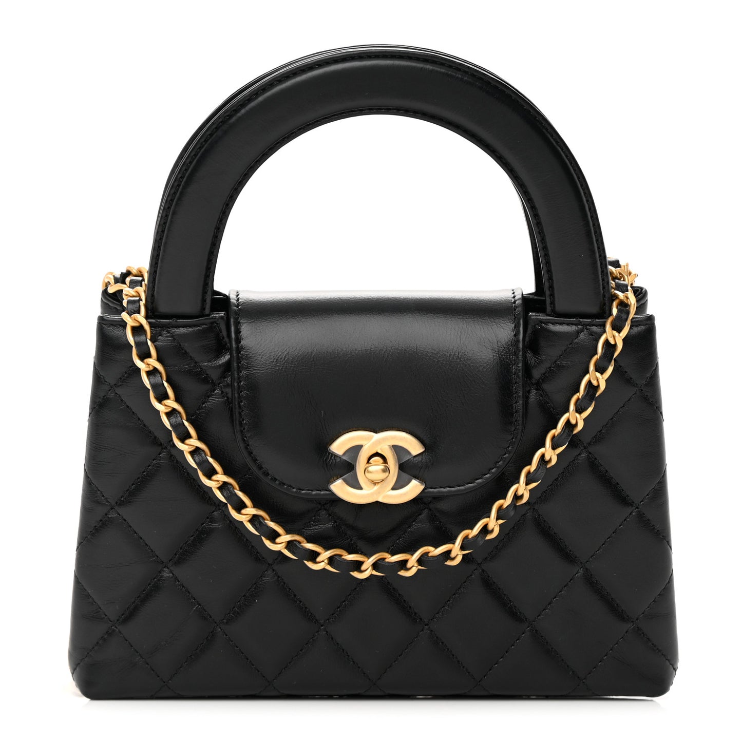 Shiny Aged Calfskin Quilted Nano Kelly Shopper Black