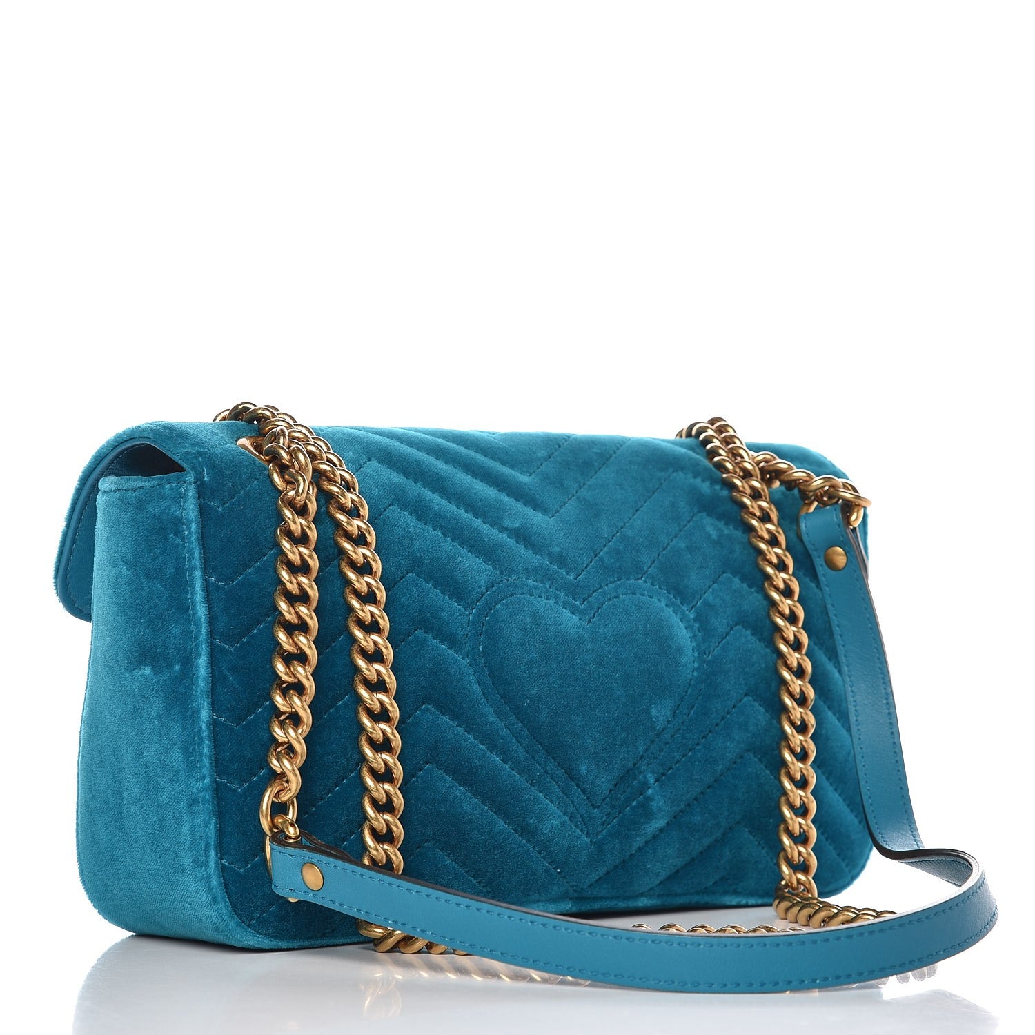 Gucci Velvet Matelasse Small GG Marmont Shoulder Bag Pavone Cyan 4 of 8
