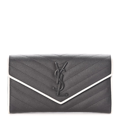 Saint Laurent Grain De Poudre Matelasse Large Monogram Flap Wallet Grey Dove White 1 of 9