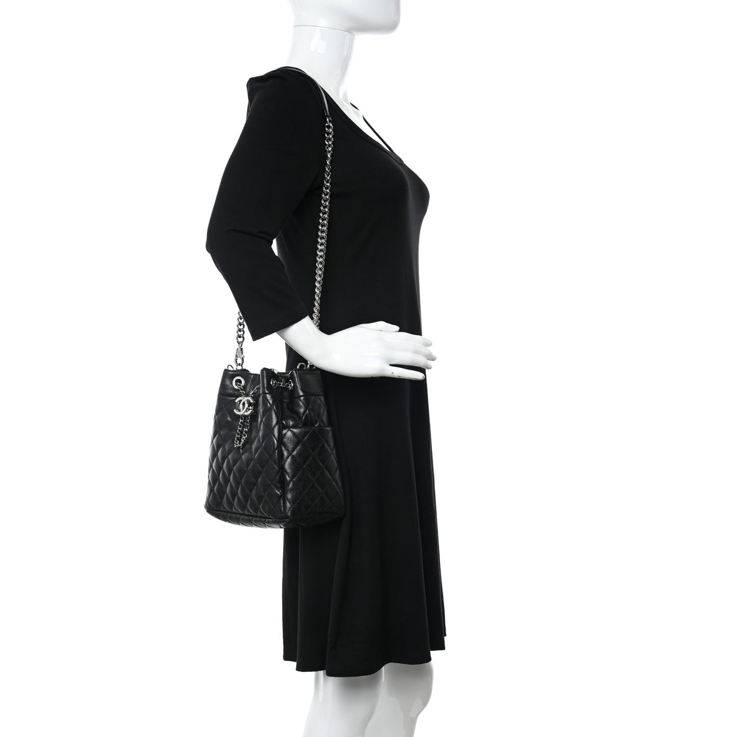 Caviar Quilted Small Chain Bucket Bag Black