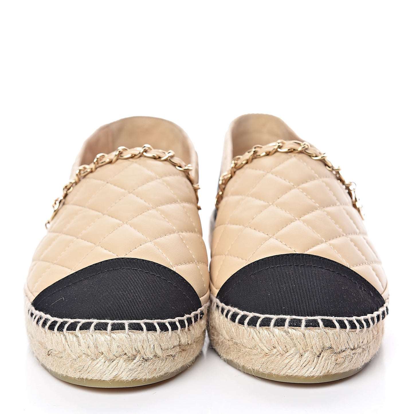 Lambskin Grosgrain Quilted CC Chain Espadrilles 40 Beige Black