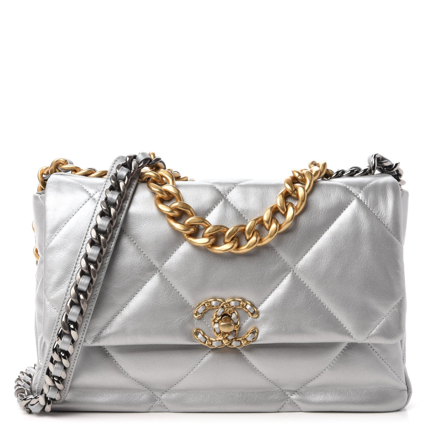 Metallic Goatskin Quilted Large Chanel 19 Flap Silver