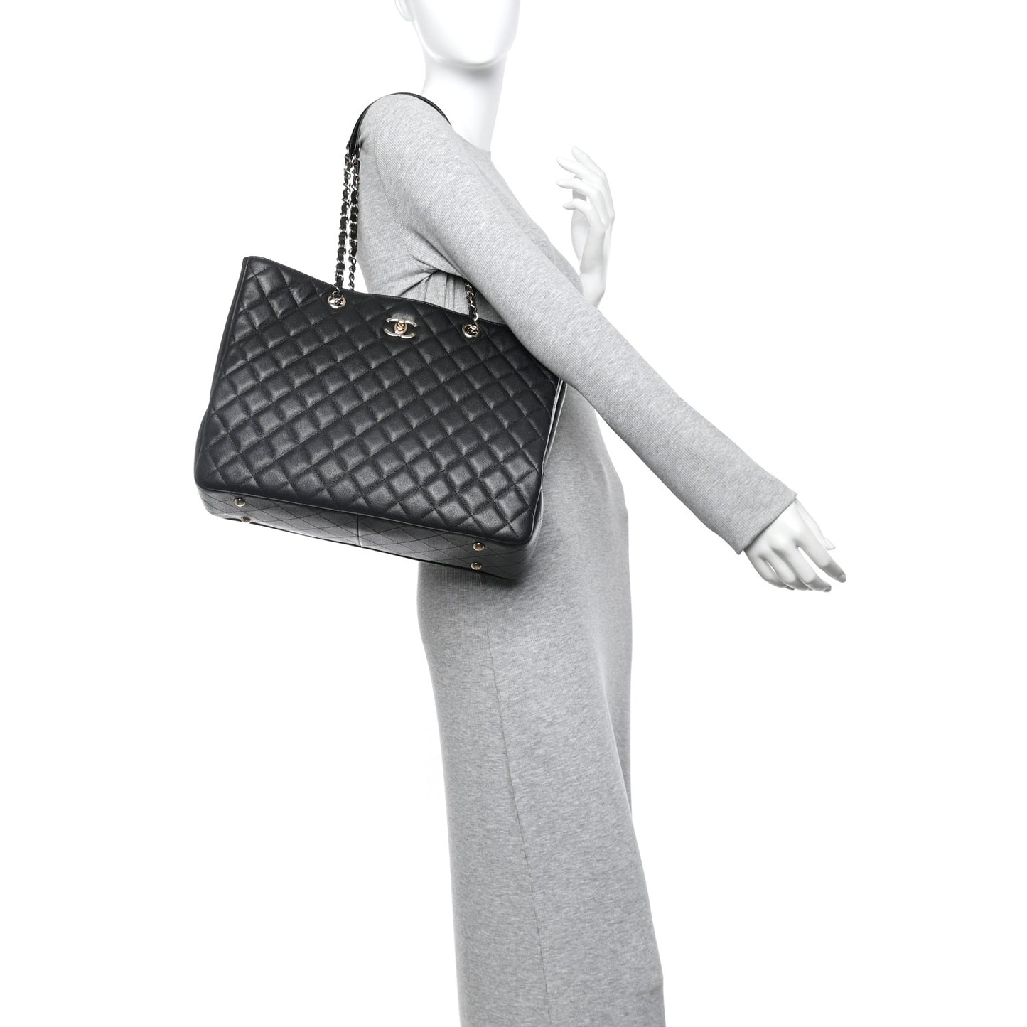 Caviar Quilted Large Shopping Tote Black