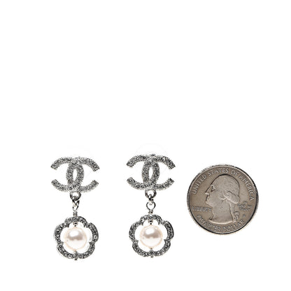 Chanel Crystal Pearl Camellia CC Coco Flapper Drop Earrings Silver 2 of 5