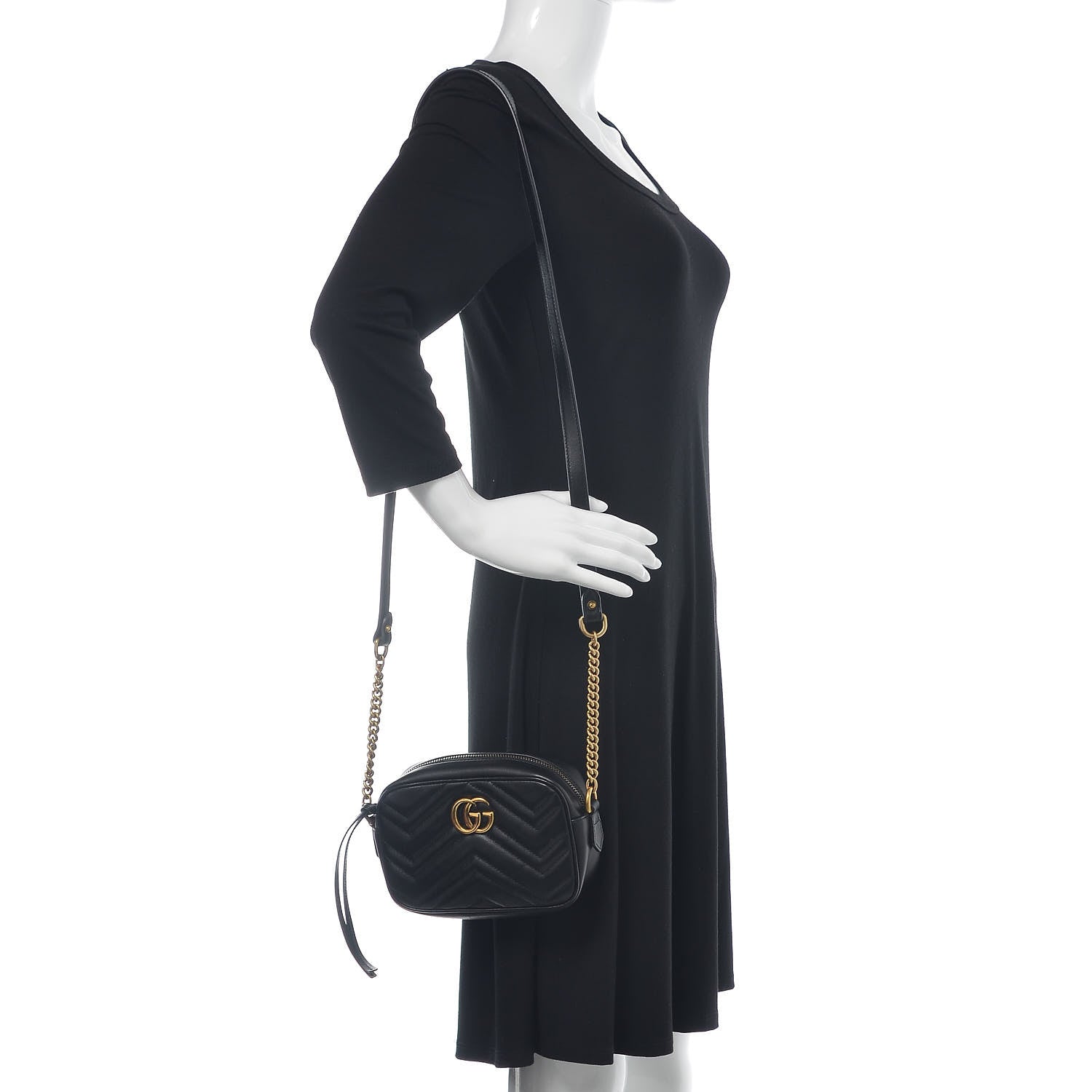 Gucci Calfskin Matelasse Mini GG Marmont Chain Shoulder Bag Black 2 of 11