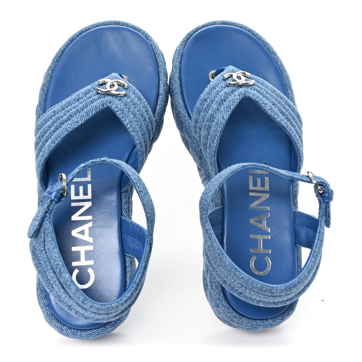 Chanel Denim Quilted CC Platform Thong Sandals 40 Blue 2 of 10
